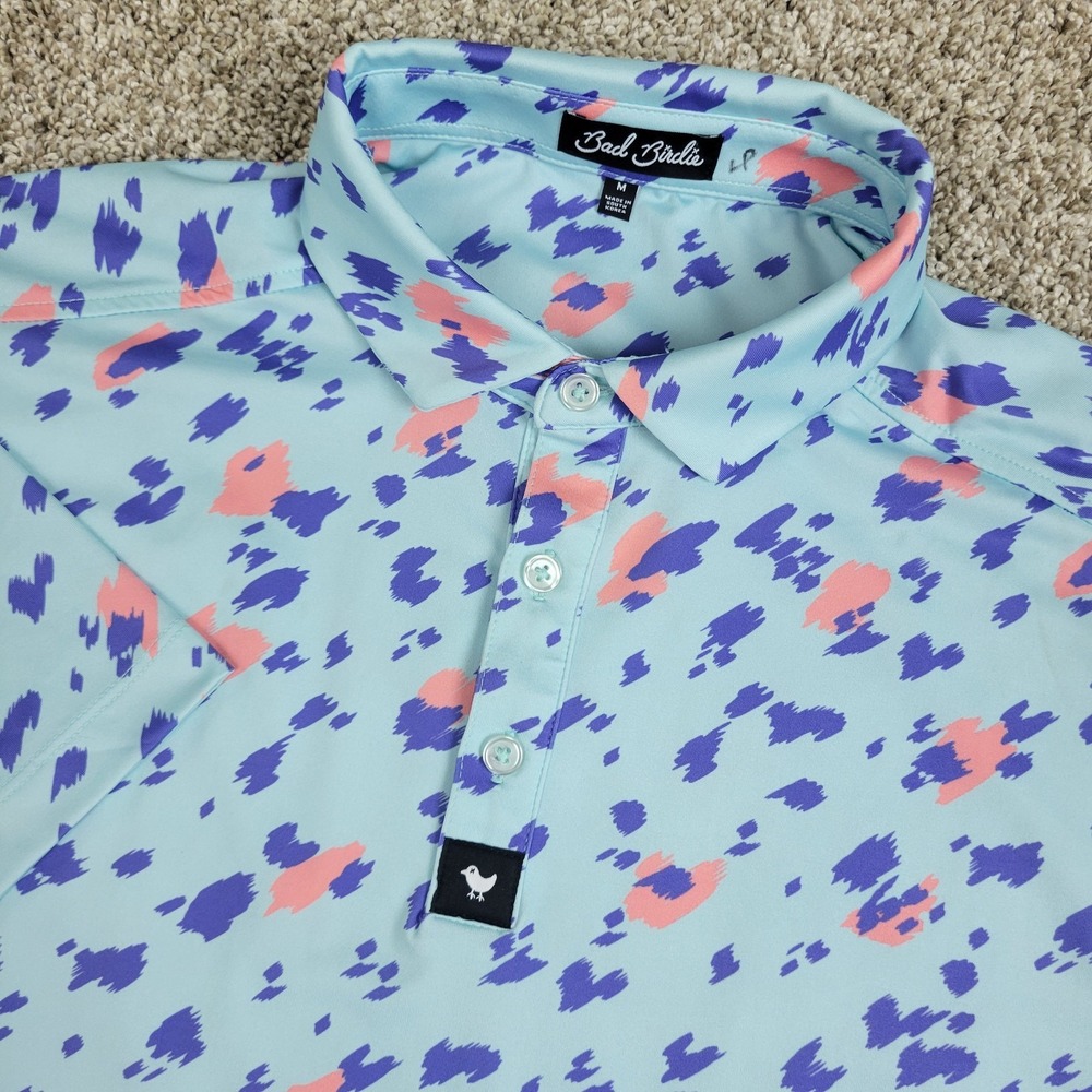 Bad Birdie Mens Medium Blue AOP Performance Stretch Golf Polo Short Sleeve